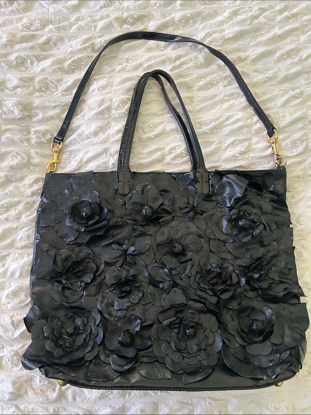 Valentino Black Leather Floral Applique Tote